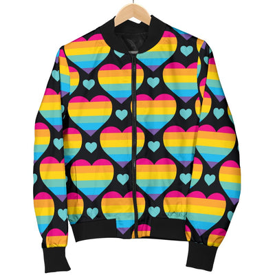 Rainbow Heart Print Pattern Women Casual Bomber Jacket