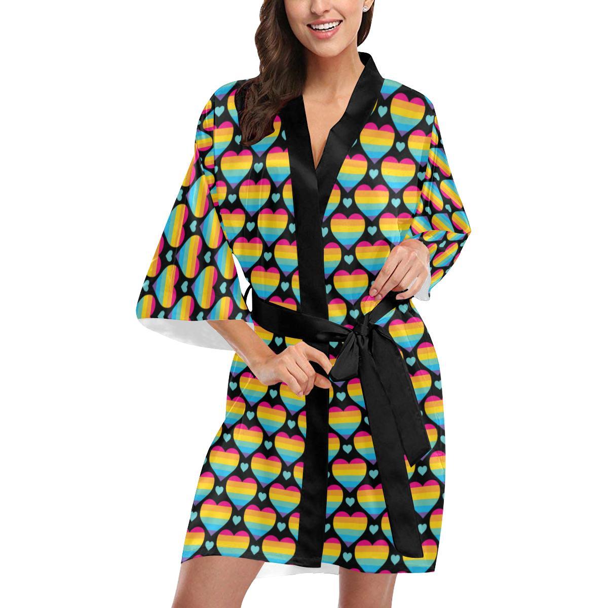 Rainbow Heart Print Pattern Women Short Kimono Robe