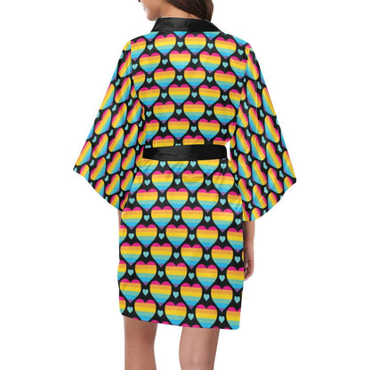 Rainbow Heart Print Pattern Women Short Kimono Robe