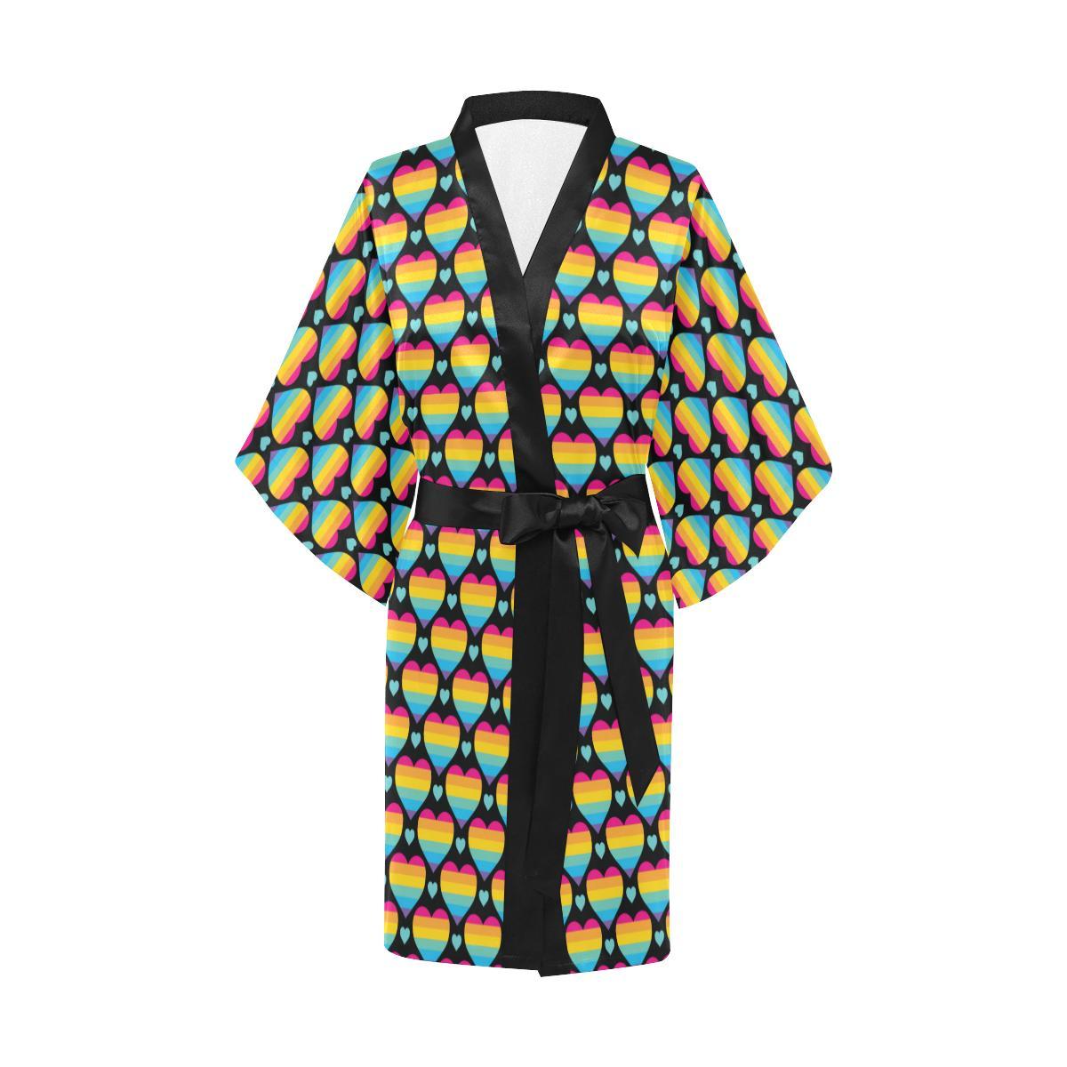 Rainbow Heart Print Pattern Women Short Kimono Robe