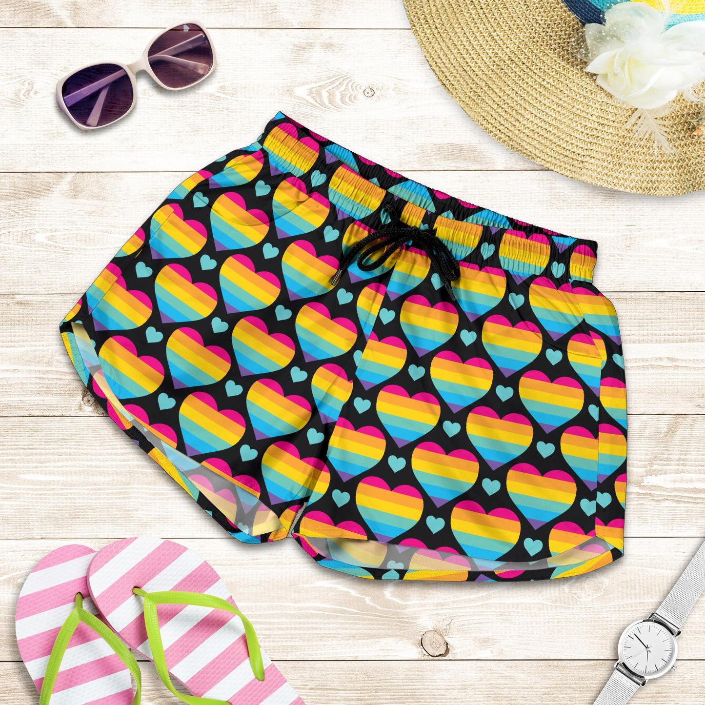 Rainbow Heart Print Pattern Women Shorts-JTAMIGO.COM