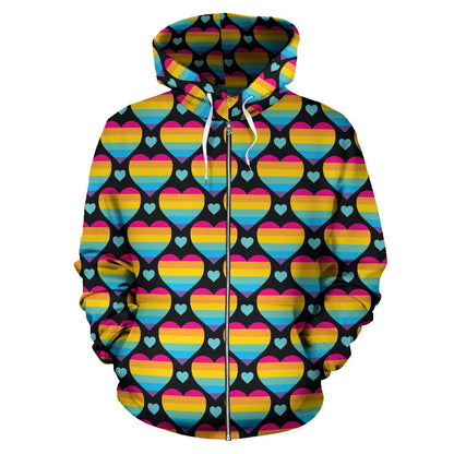 Rainbow Heart Print Pattern Zip Up Hoodie