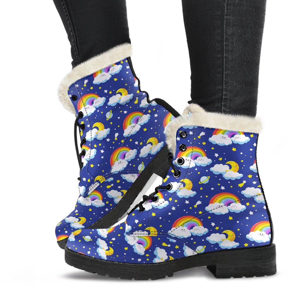Rainbow Space Design Print Faux Fur Leather Boots-JTAMIGO.COM