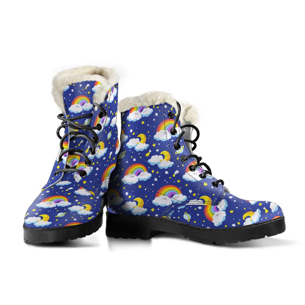 Rainbow Space Design Print Faux Fur Leather Boots-JTAMIGO.COM