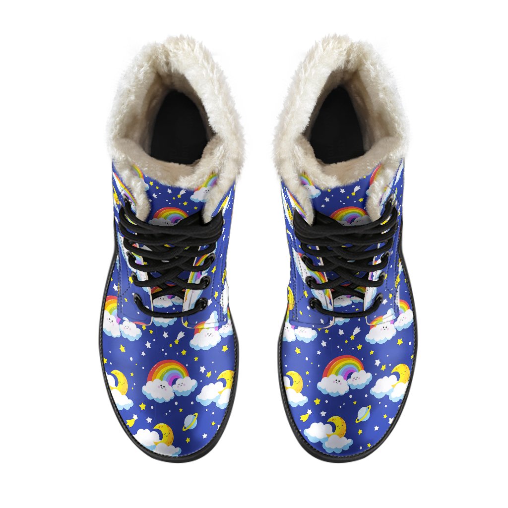 Rainbow Space Design Print Faux Fur Leather Boots-JTAMIGO.COM