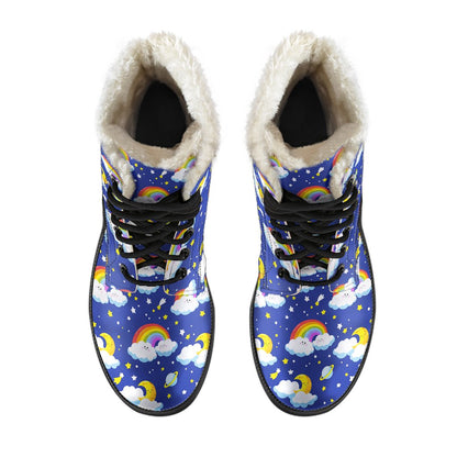 Rainbow Space Design Print Faux Fur Leather Boots-JTAMIGO.COM