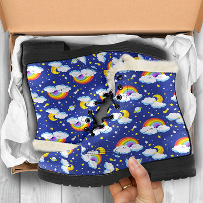 Rainbow Space Design Print Faux Fur Leather Boots-JTAMIGO.COM