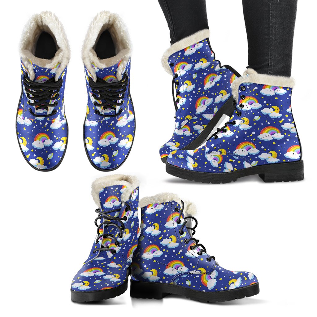 Rainbow Space Design Print Faux Fur Leather Boots-JTAMIGO.COM