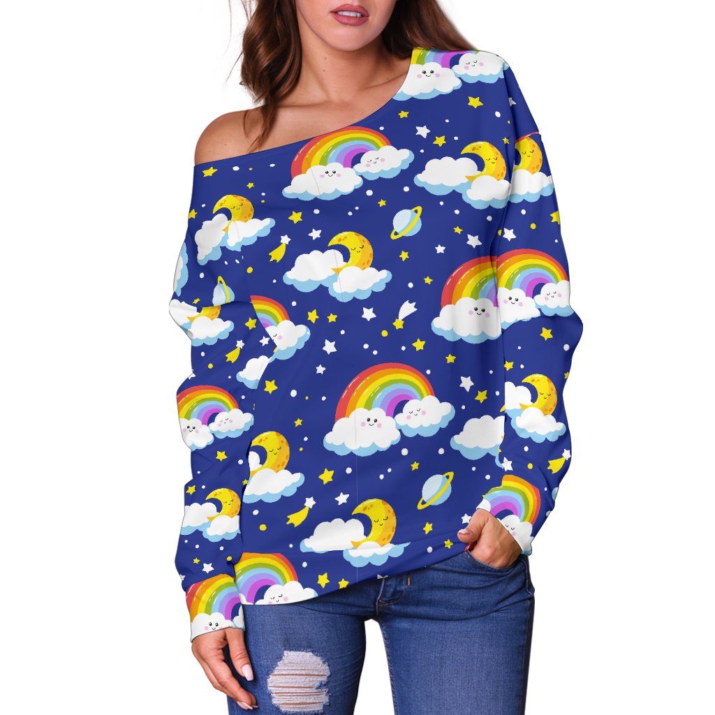 Rainbow Space Design Print Off Shoulder Sweatshirt