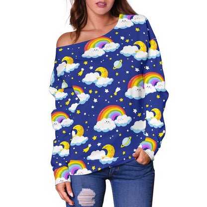 Rainbow Space Design Print Off Shoulder Sweatshirt