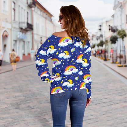Rainbow Space Design Print Off Shoulder Sweatshirt