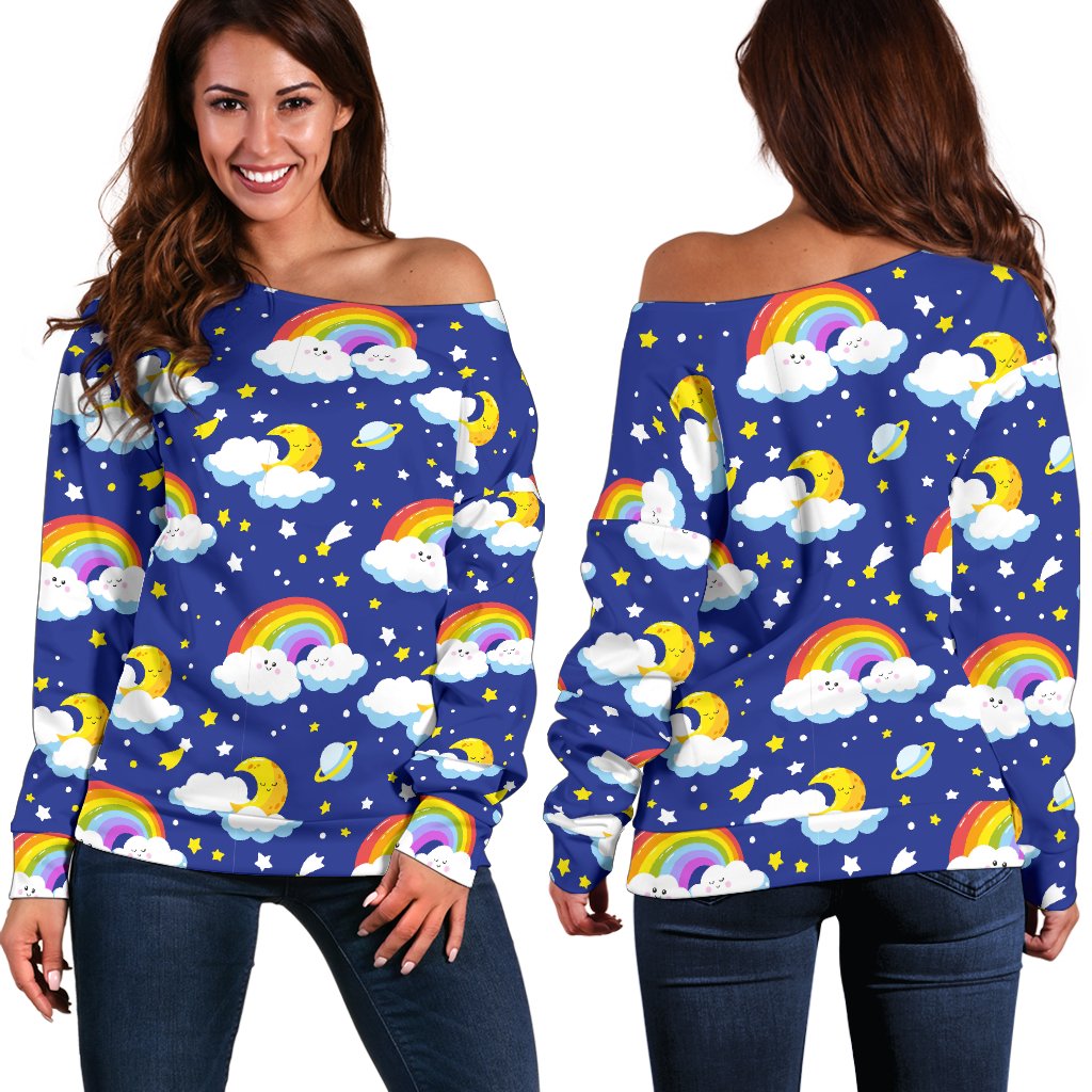 Rainbow Space Design Print Off Shoulder Sweatshirt