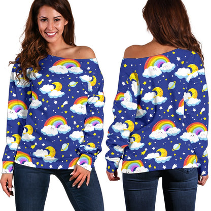 Rainbow Space Design Print Off Shoulder Sweatshirt
