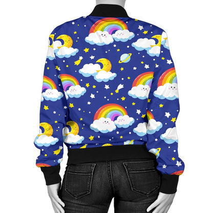 Rainbow Space Design Print Women Casual Bomber Jacket