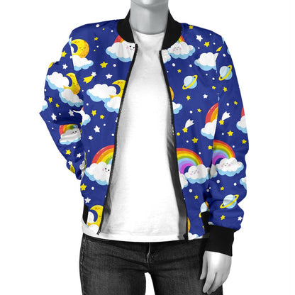 Rainbow Space Design Print Women Casual Bomber Jacket
