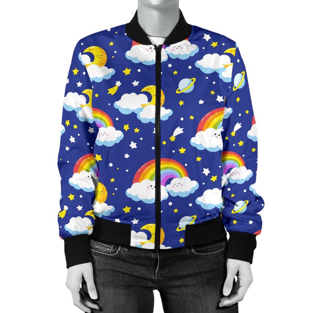 Rainbow Space Design Print Women Casual Bomber Jacket