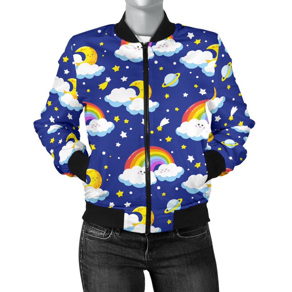 Rainbow Space Design Print Women Casual Bomber Jacket