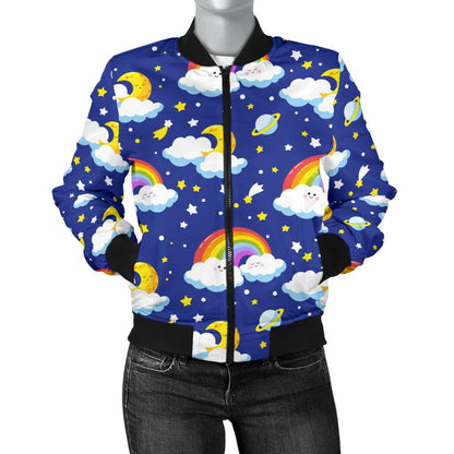 Rainbow Space Design Print Women Casual Bomber Jacket