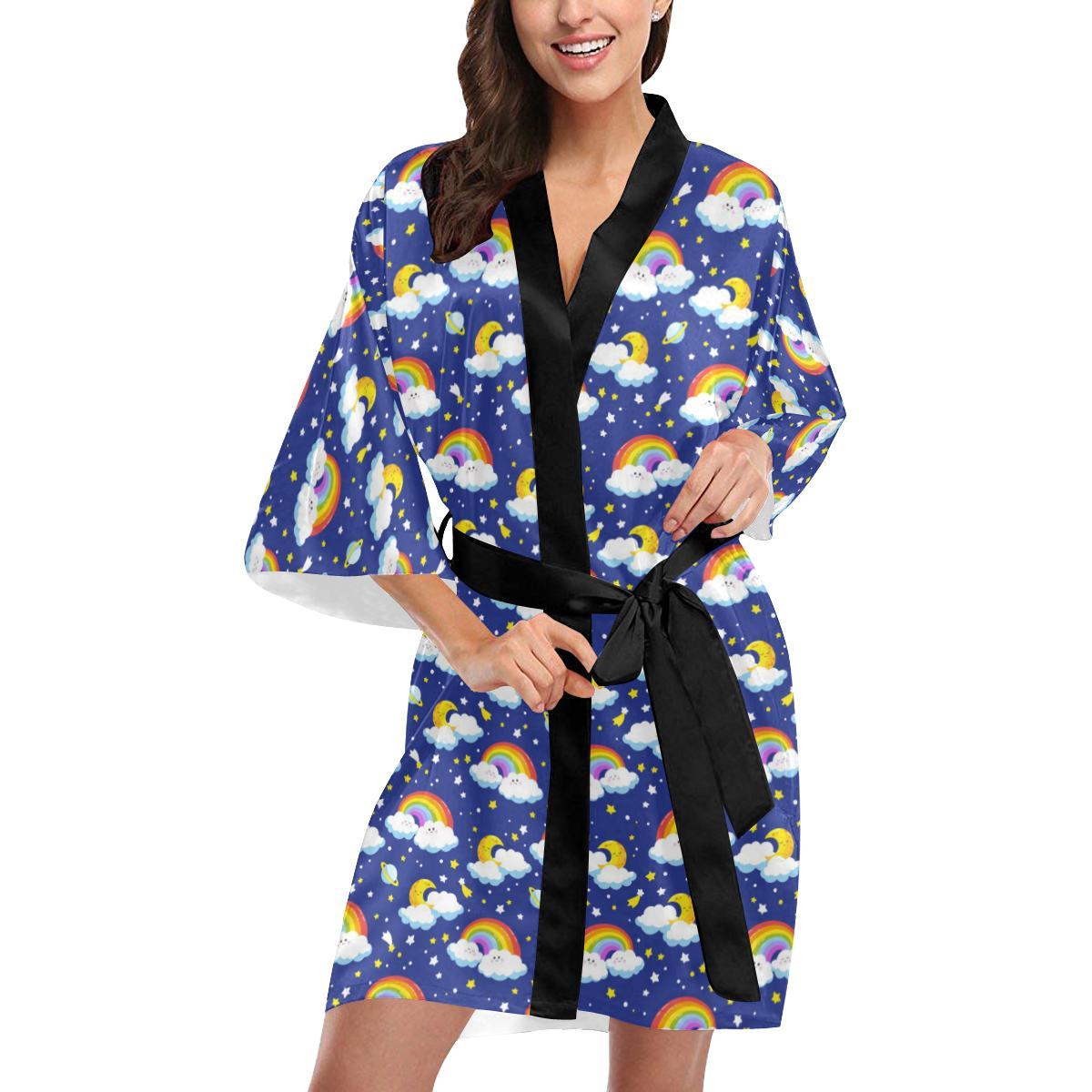 Rainbow Space Design Print Women Short Kimono Robe