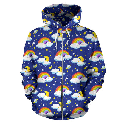 Rainbow Space Design Print Zip Up Hoodie