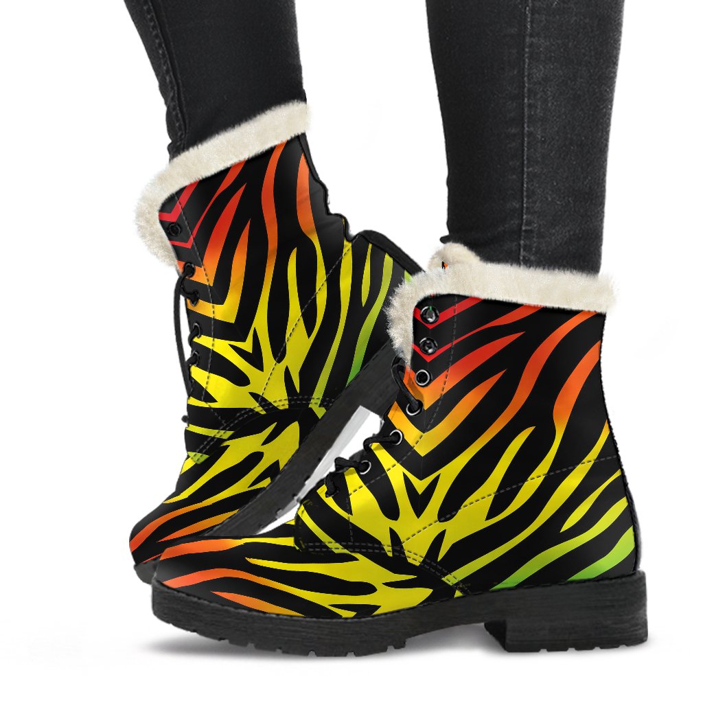 Rainbow Zebra Themed Print Faux Fur Leather Boots-JTAMIGO.COM
