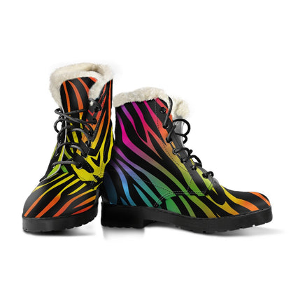 Rainbow Zebra Themed Print Faux Fur Leather Boots-JTAMIGO.COM