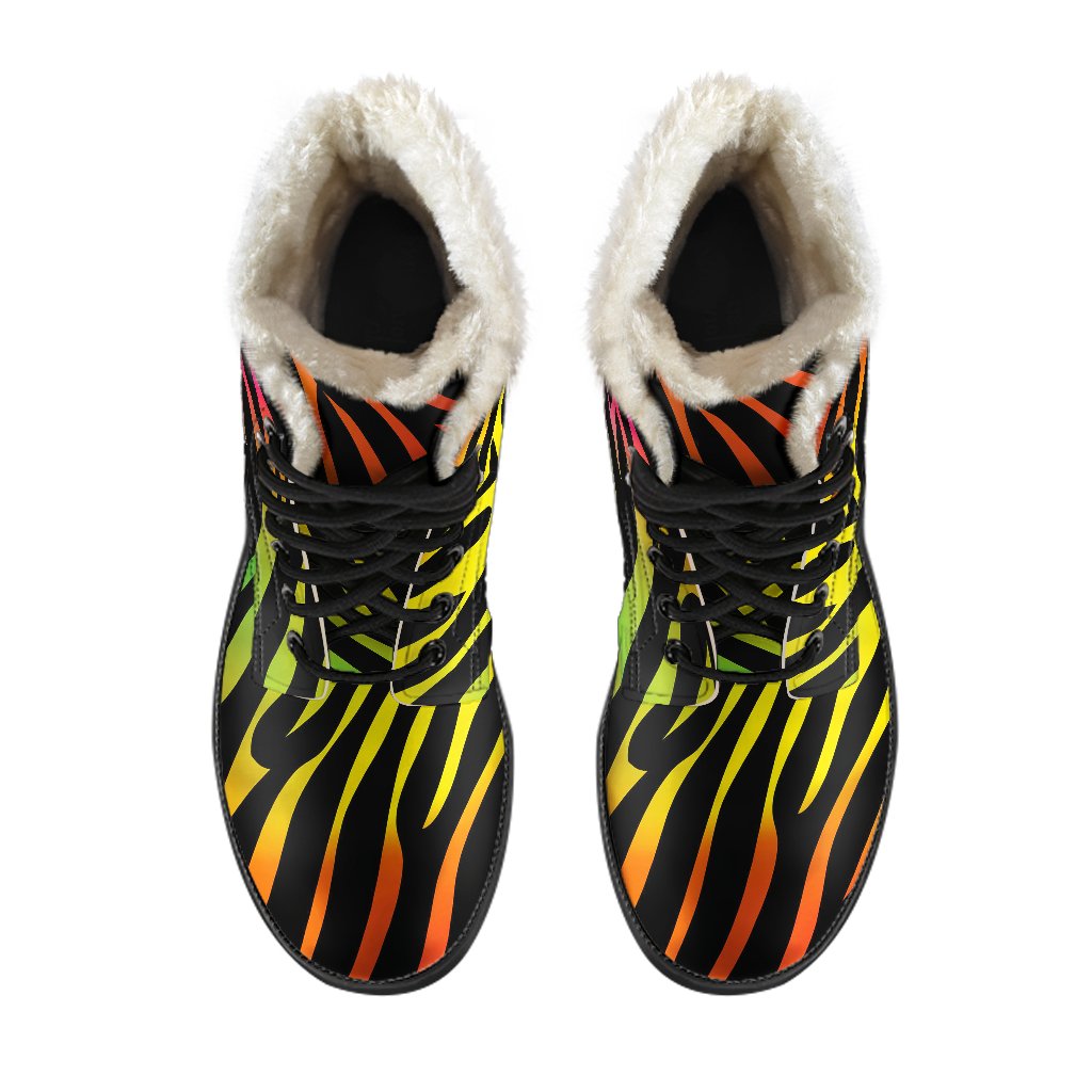 Rainbow Zebra Themed Print Faux Fur Leather Boots-JTAMIGO.COM
