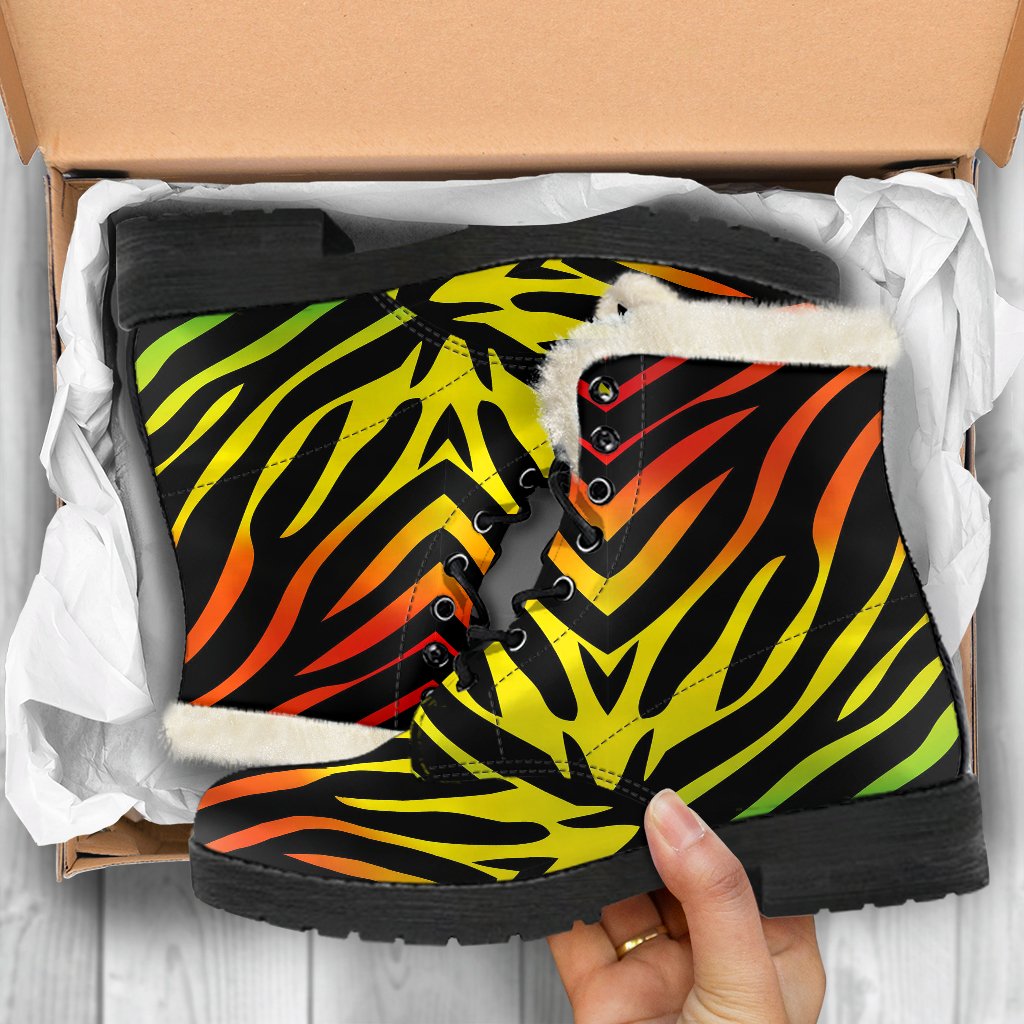 Rainbow Zebra Themed Print Faux Fur Leather Boots-JTAMIGO.COM
