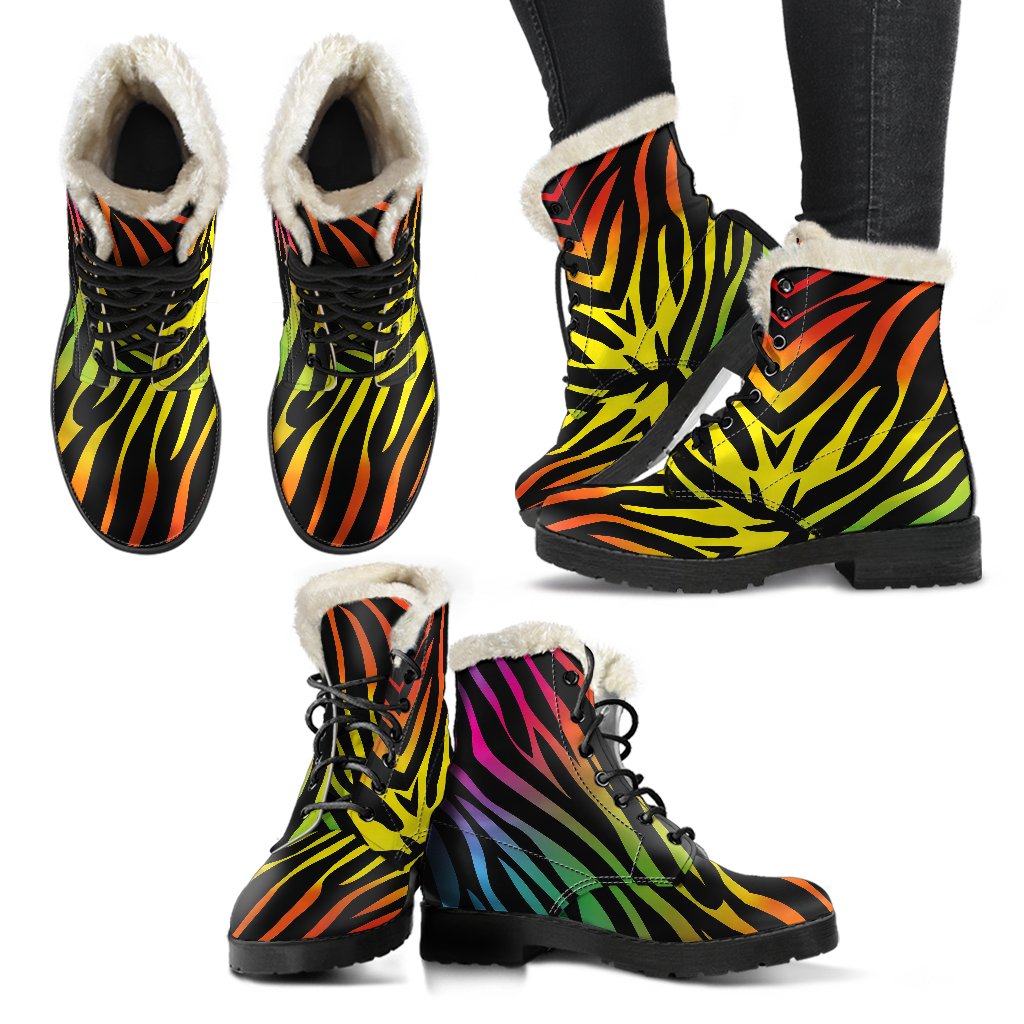 Rainbow Zebra Themed Print Faux Fur Leather Boots-JTAMIGO.COM