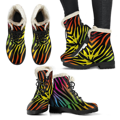 Rainbow Zebra Themed Print Faux Fur Leather Boots-JTAMIGO.COM