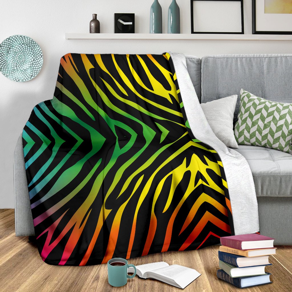 Rainbow Zebra Themed Print Fleece Blanket