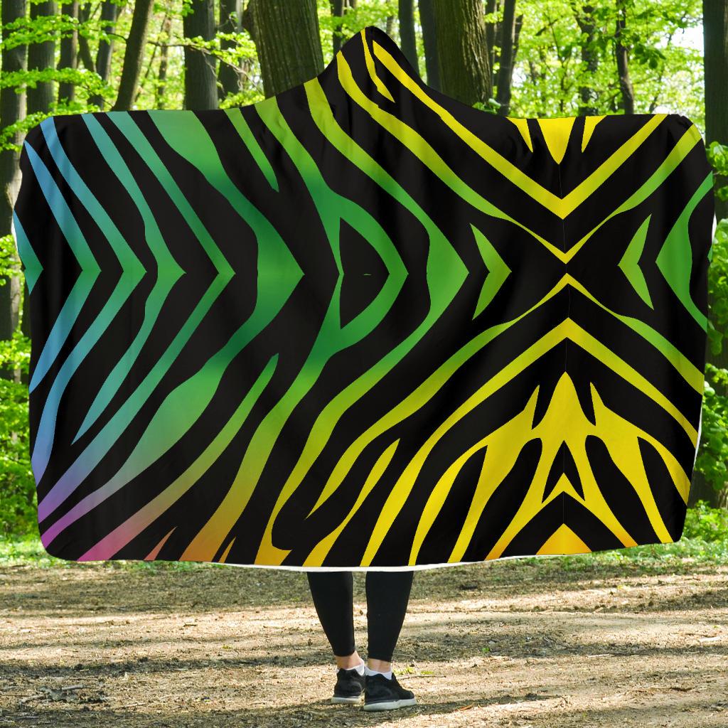 Rainbow Zebra Themed Print Hooded Blanket-JTAMIGO.COM