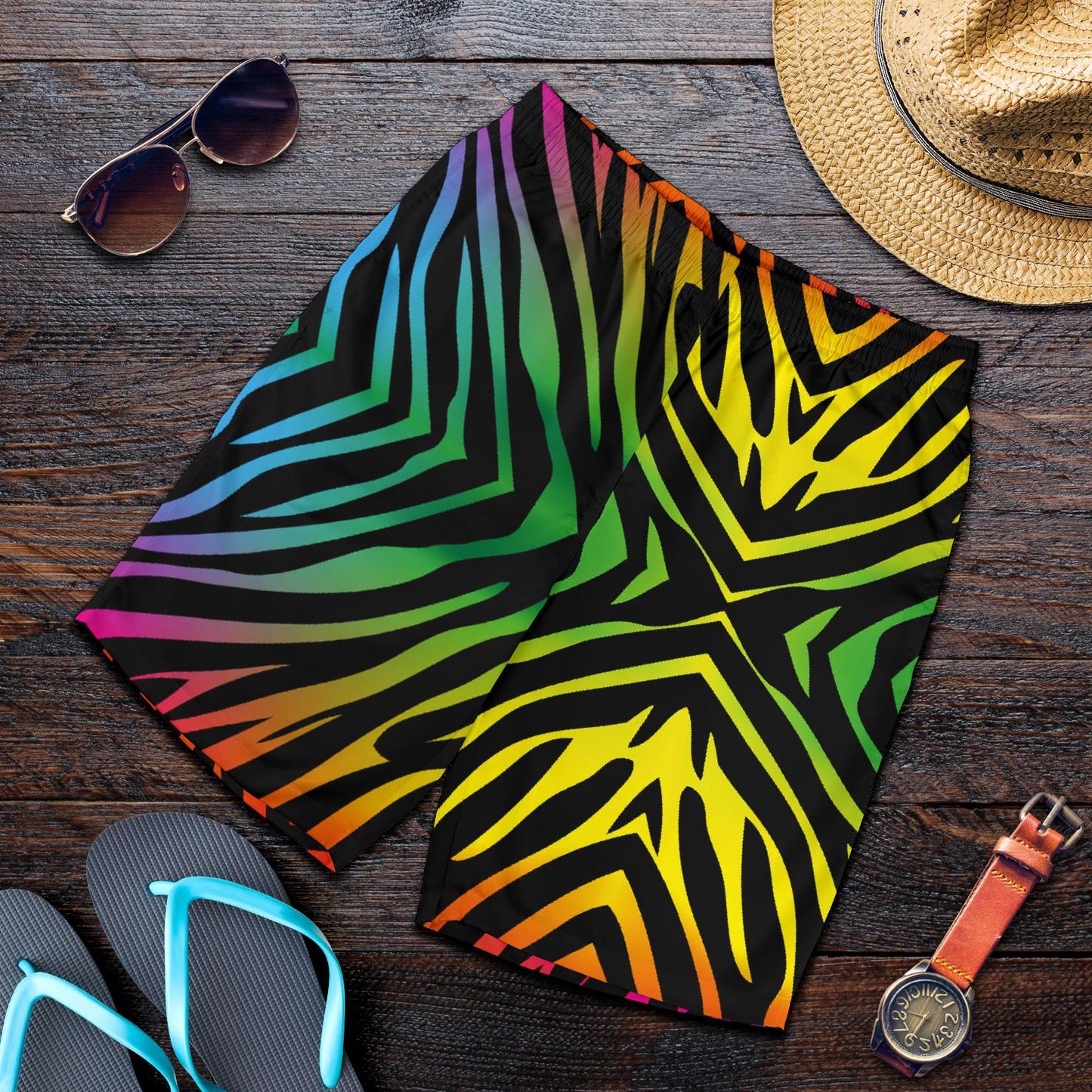 Rainbow Zebra Themed Print Mens Shorts-JTAMIGO.COM