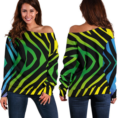 Rainbow Zebra Themed Print Off Shoulder Sweatshirt