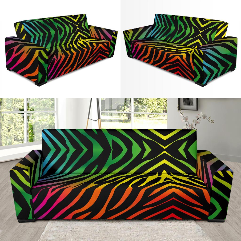 Rainbow Zebra Themed Print Sofa Slipcover-JTAMIGO.COM