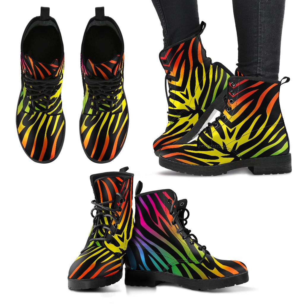 Rainbow Zebra Themed Print Women Leather Boots-JTAMIGO.COM