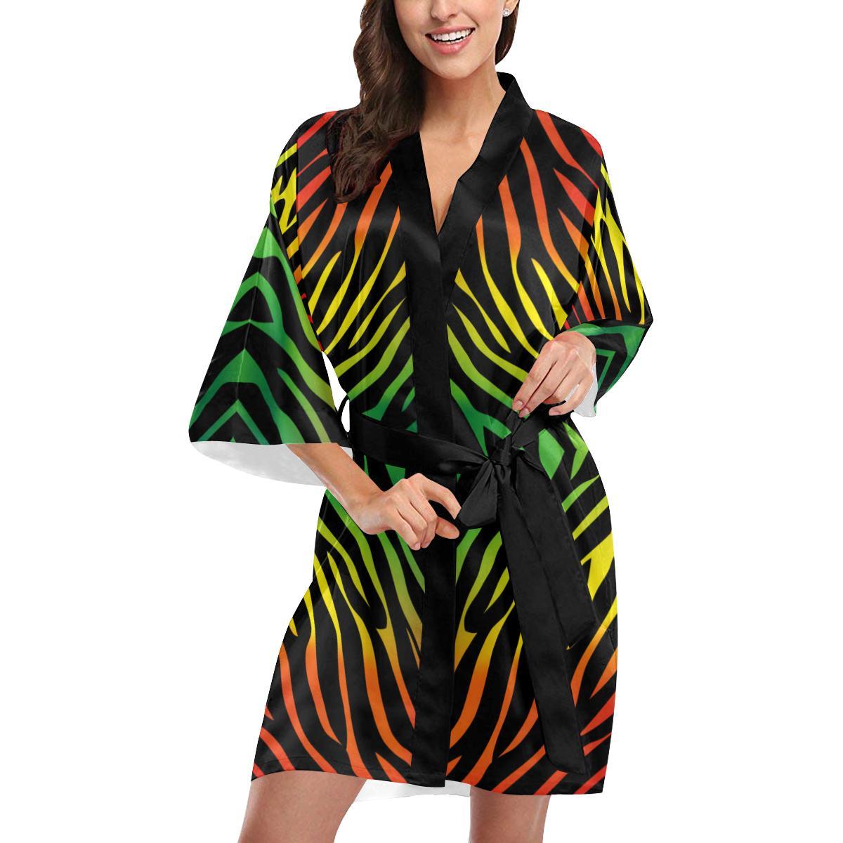 Rainbow Zebra Themed Print Women Short Kimono Robe