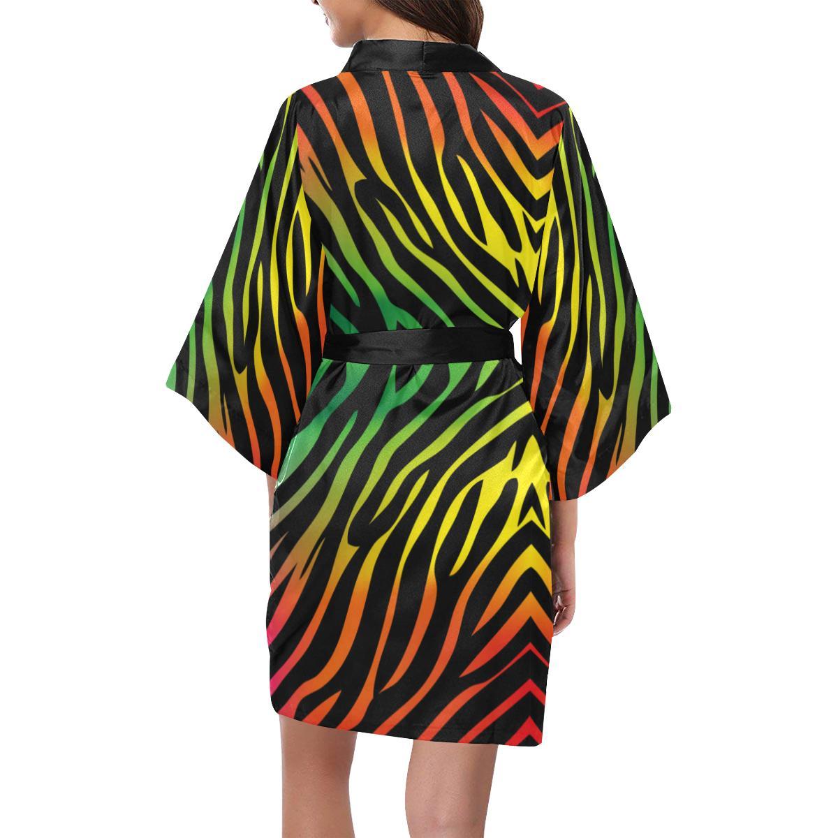 Rainbow Zebra Themed Print Women Short Kimono Robe