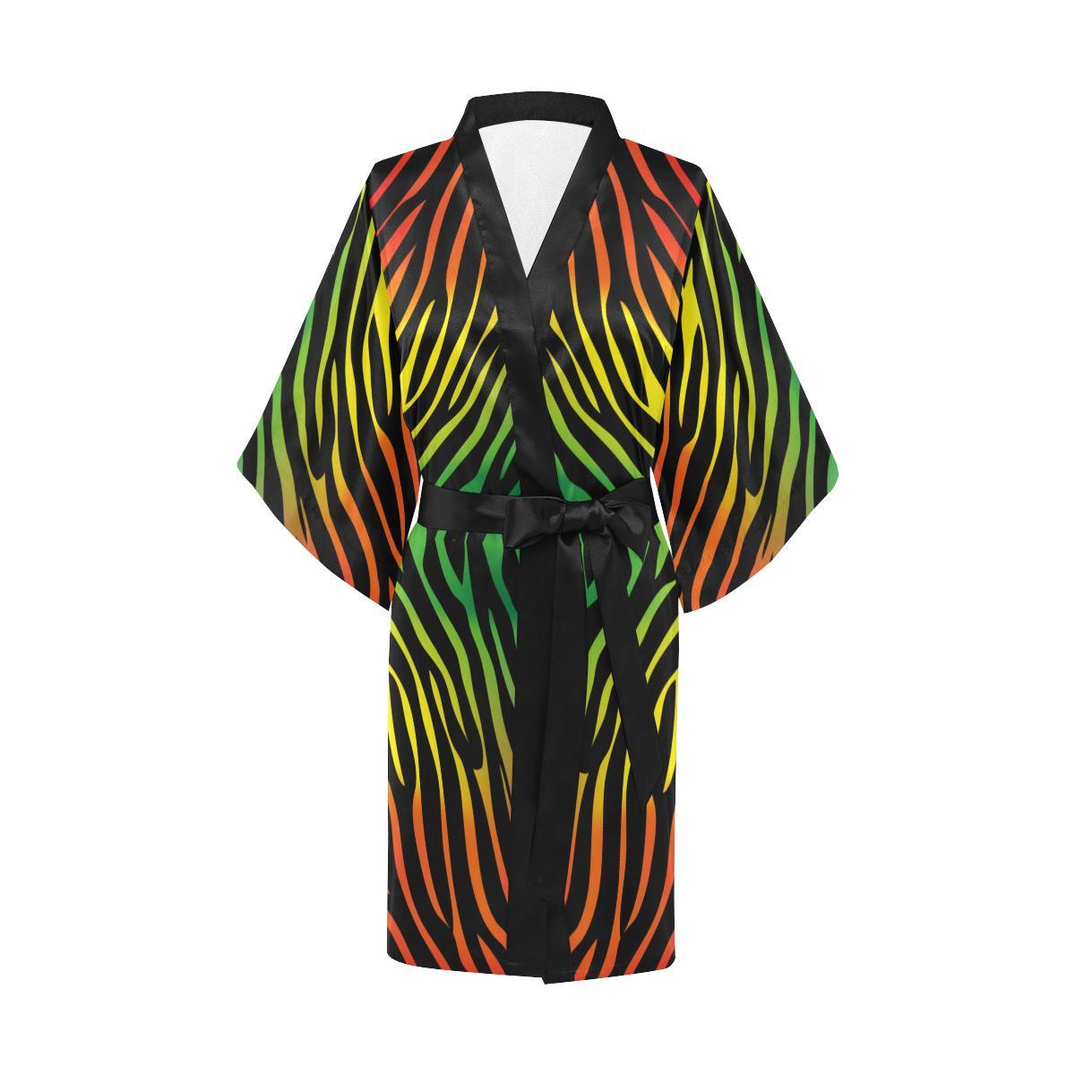 Rainbow Zebra Themed Print Women Short Kimono Robe