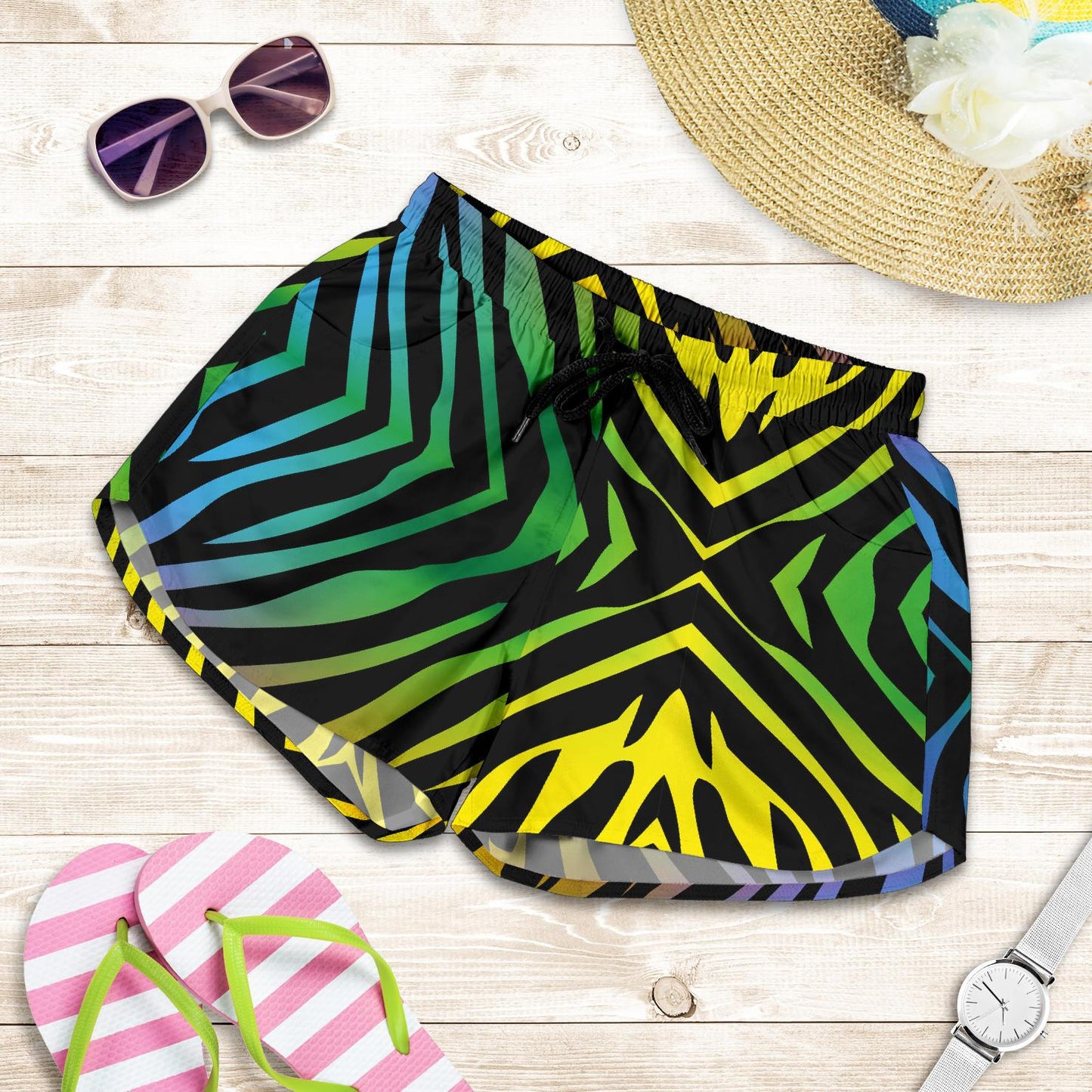 Rainbow Zebra Themed Print Women Shorts-JTAMIGO.COM