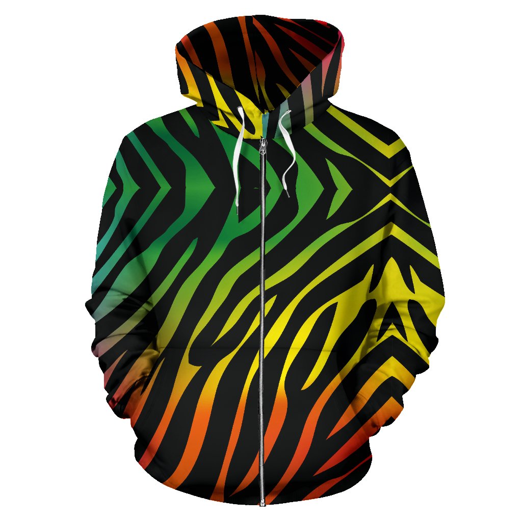 Rainbow Zebra Themed Print Zip Up Hoodie