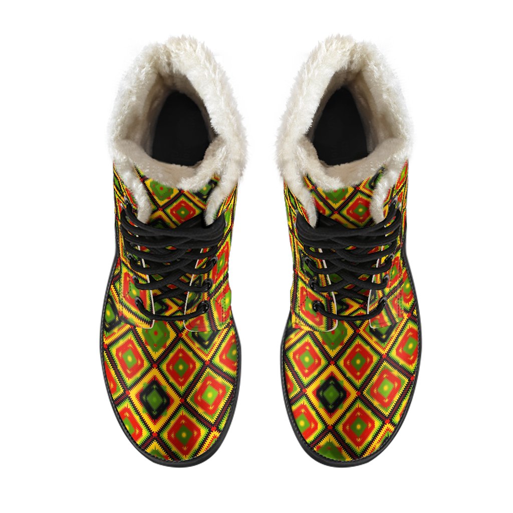 Rasta Reggae Color Pattern Faux Fur Leather Boots-JTAMIGO.COM