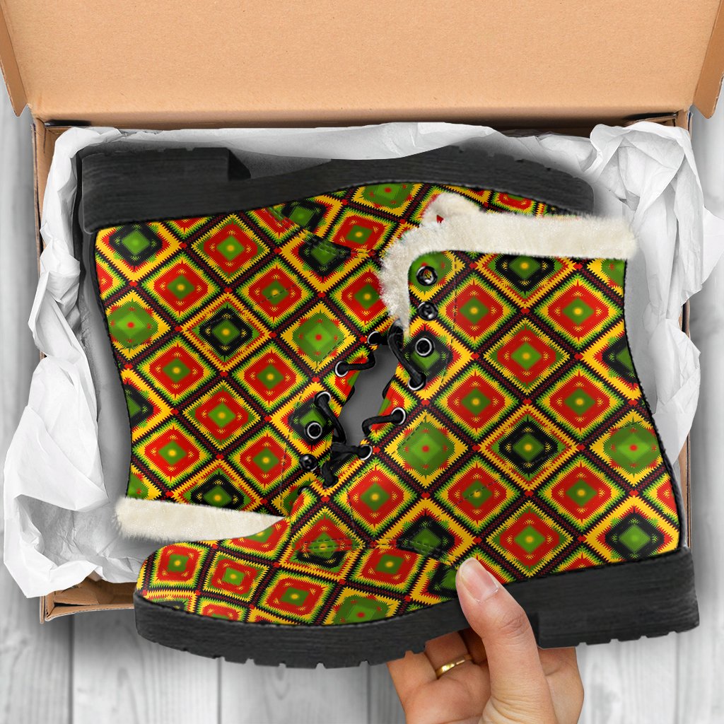 Rasta Reggae Color Pattern Faux Fur Leather Boots-JTAMIGO.COM