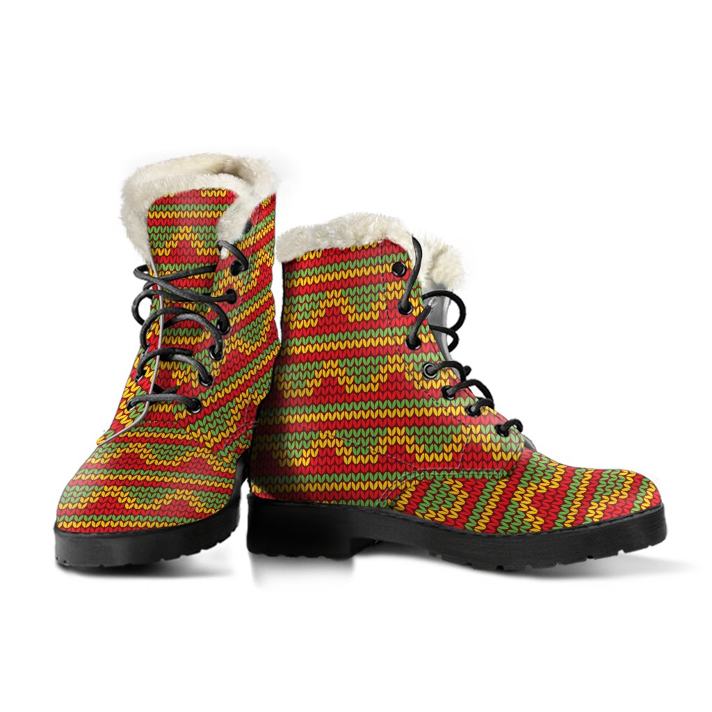 Rasta Reggae Color Print Faux Fur Leather Boots-JTAMIGO.COM