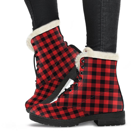 Red Black Buffalo Tartan Plaid Pattern Faux Fur Leather Boots-JTAMIGO.COM