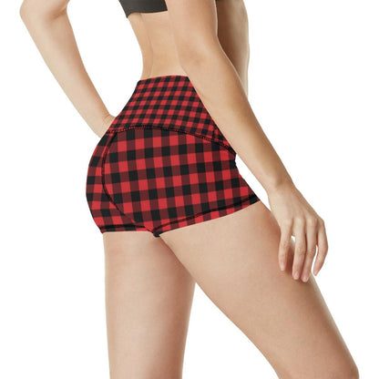 Red Black Buffalo Tartan Plaid Pattern High Waisted Spandex Shorts-JTAMIGO.COM