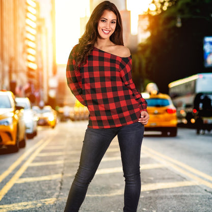 Red Black Buffalo Tartan Plaid Pattern Off Shoulder Sweatshirt