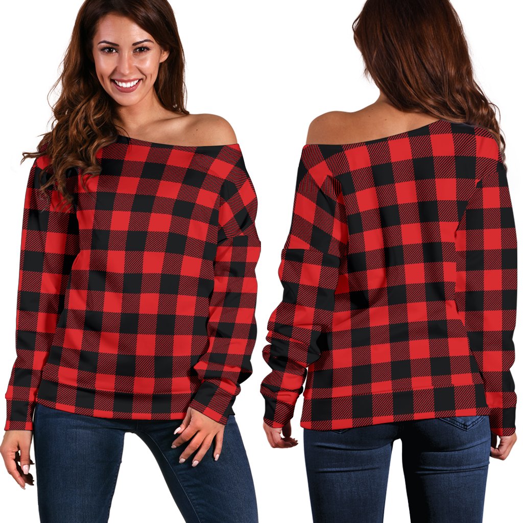 Red Black Buffalo Tartan Plaid Pattern Off Shoulder Sweatshirt
