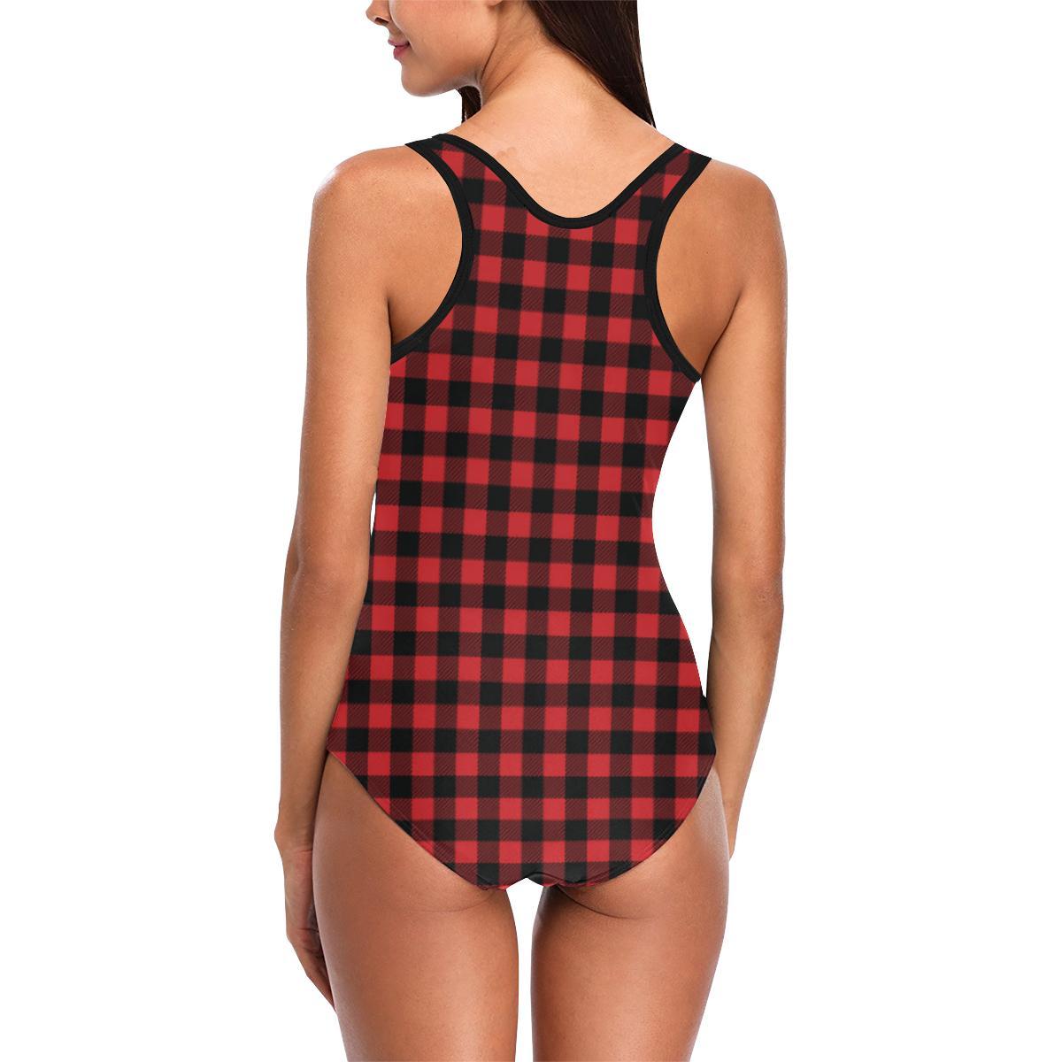 Red Black Buffalo Tartan Plaid Pattern One Piece Swimsuit-JTAMIGO.COM