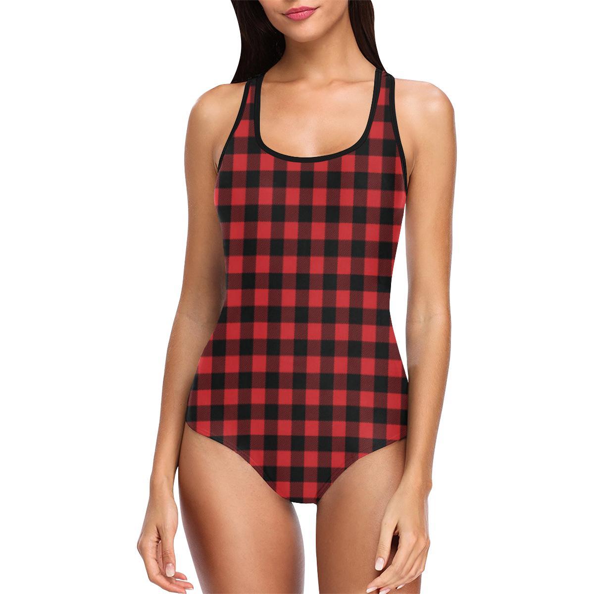 Red Black Buffalo Tartan Plaid Pattern One Piece Swimsuit-JTAMIGO.COM